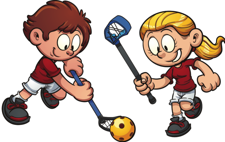 Illustration von zwei Kindern beim Unihockey